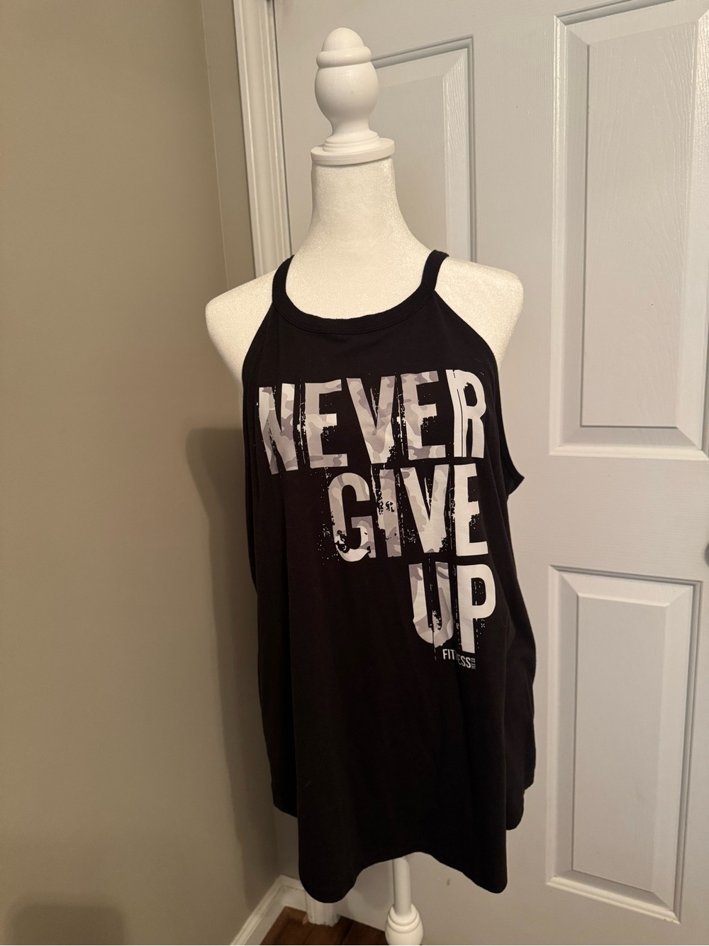Rocker Tank with White/Gray ‘Never Give Up' Graphic